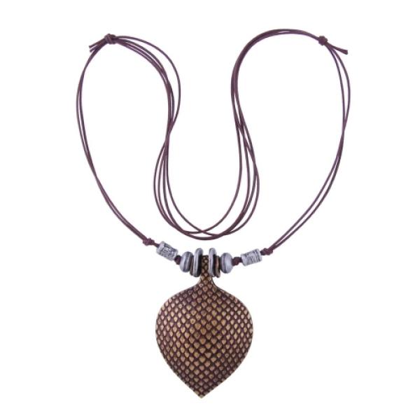 Kette 82x56mm Schuppenblatt Kunststoff altmessingfarben Kordel braun 90cm