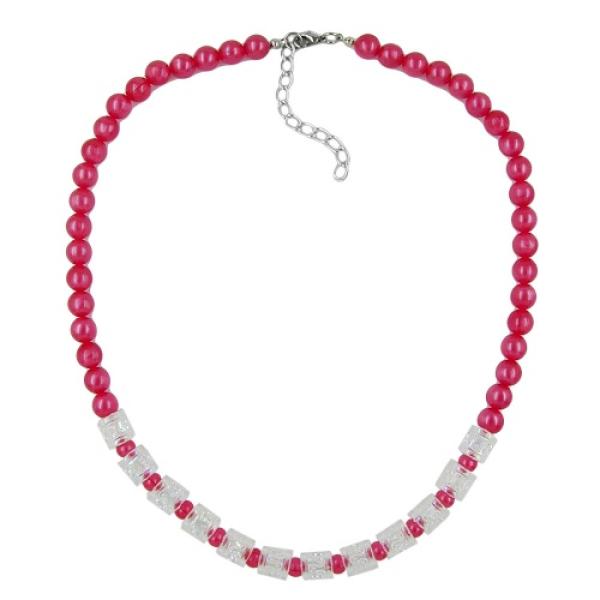 Kette 8mm Perlen Kunststoff rot-seidig und Walzenperle transparent 45cm