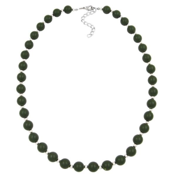 Kette 10mm Perle Kunststoff olivgrün-matt mit 4mm Perlen silberfarben 50cm