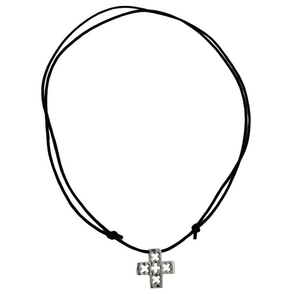 Kette 24x24mm Edelstahl Kreuz glänzend Kordel schwarz 90cm