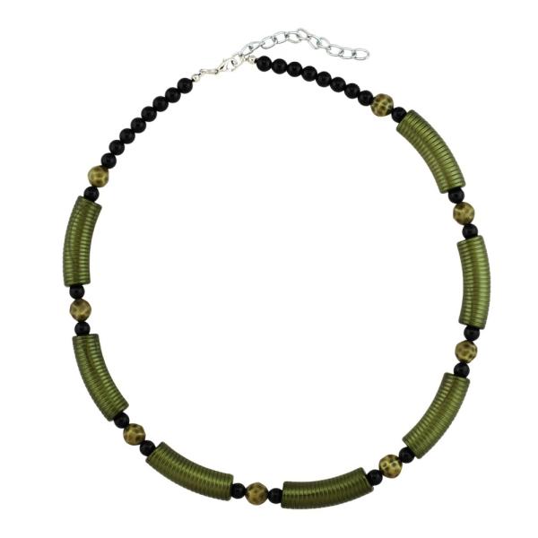 Kette 34x10mm Rillenwalze olivgrün Perle schwarz Kunststoff 45cm