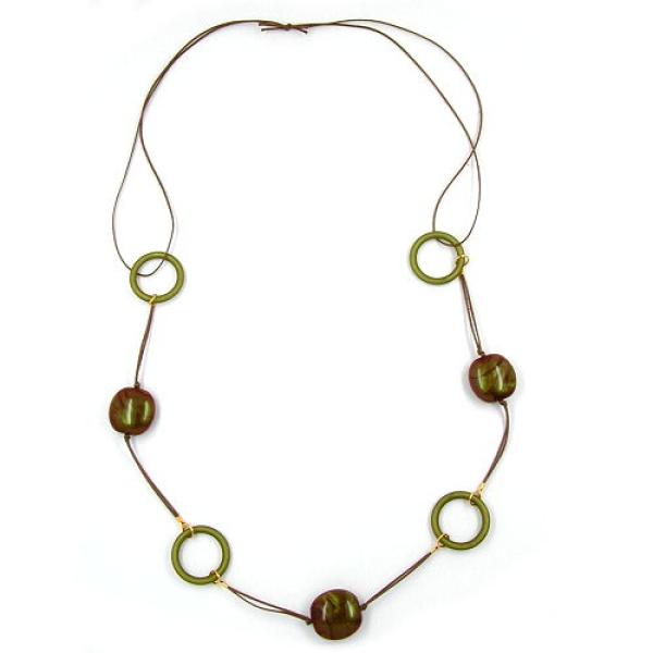 Kette 25x25x12mm Nugget Kunststoff oliv-braun-AB Kordel braun 100cm