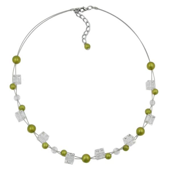 Kette Drahtkette Würfel oliv-seidig und transparente Kunststoffperlen 42cm