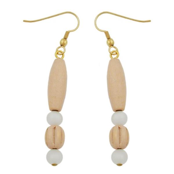 Ohrhaken Ohrhänger Ohrringe 60mm Holzperle hell und Kunststoffperle weiß-seidenmatt