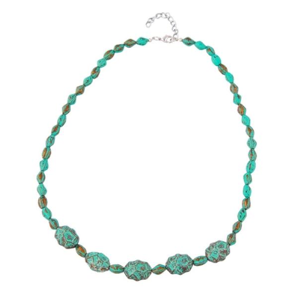 Kette Krokoperle und Olive türkisgrün mit patina Kunststoff 55cm