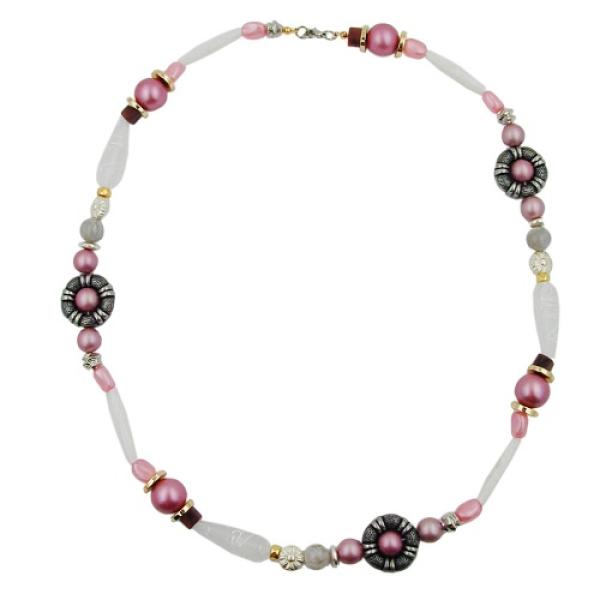 Kette altsilberfarbene Ringperle rosa-weiß-altsilber-gold Kunststoff 60cm
