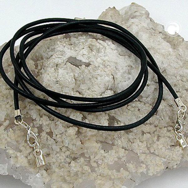 Lederband Rundschnur Rindleder 2mm schwarz gefärbt mit 2x Verschluss silberfarbig 1m