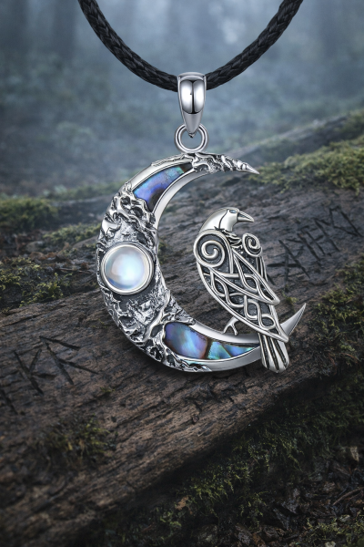 Mond & Rabe – Anhänger aus 925 Silber mit Mondstein und Abalone