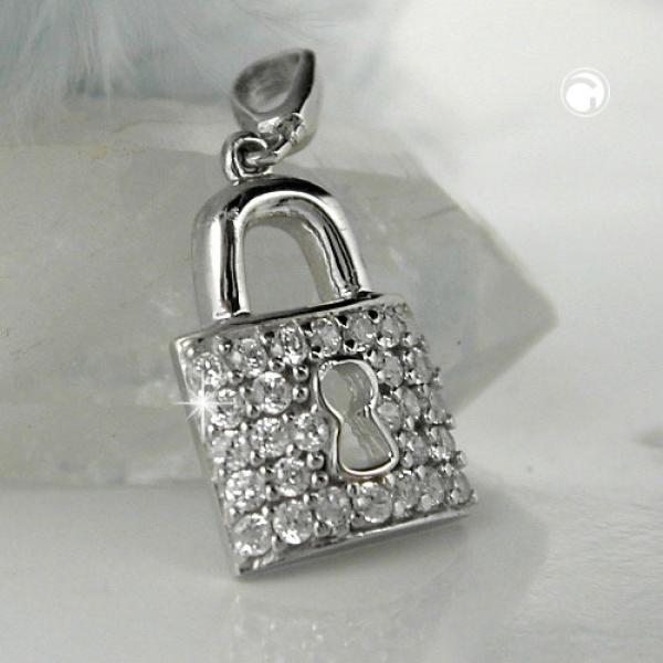 Anhänger 13x10mm Türschloss mit Zirkonias glänzend rhodiniert Silber 925