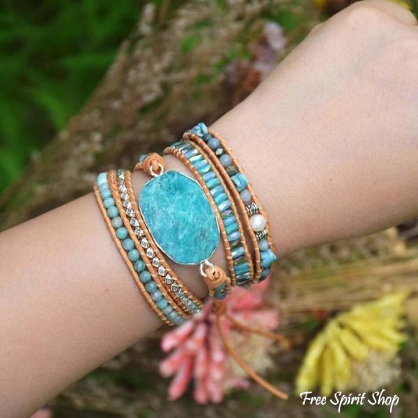 Natürliches, beruhigendes Wickelarmband mit Amazonit-Perlen, Boho-Schmuck