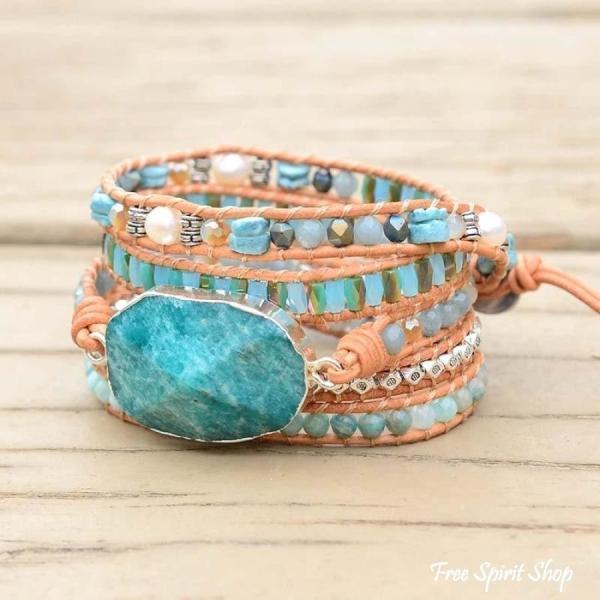 Natürliches, beruhigendes Wickelarmband mit Amazonit-Perlen, Boho-Schmuck