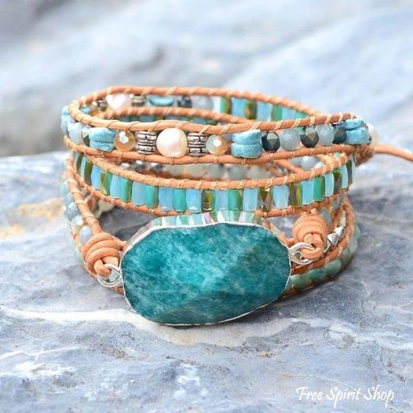 Natürliches, beruhigendes Wickelarmband mit Amazonit-Perlen, Boho-Schmuck