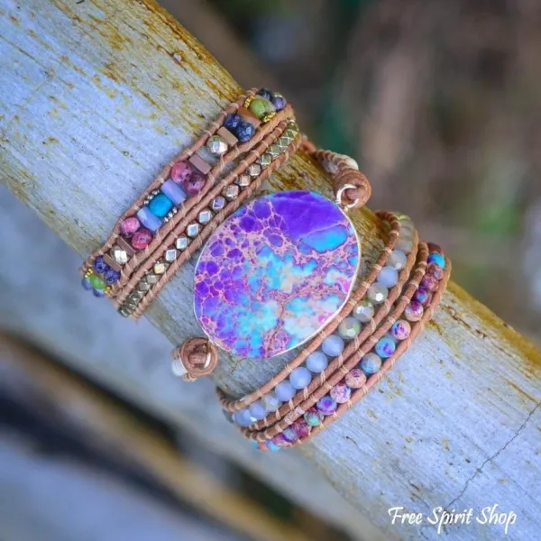 Handgefertigtes Jaspis-Wickelarmband in Lila und Türkis