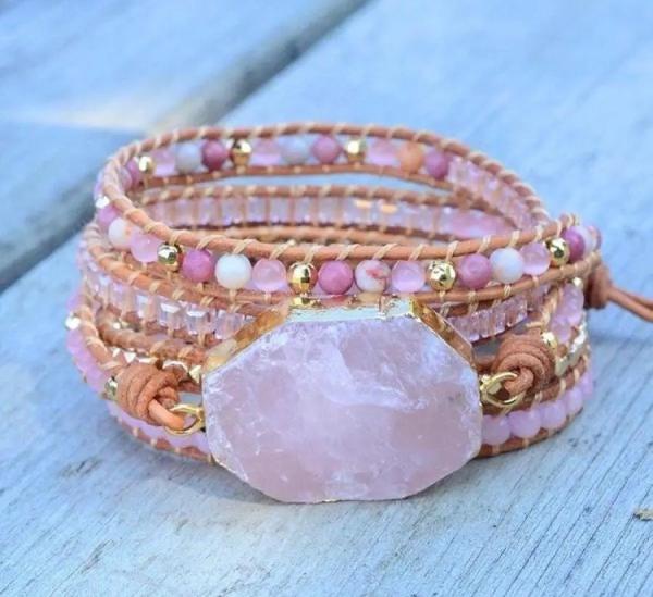 Rosenquarz Herzchakra Wickelarmband aus Leder – 4-lagig