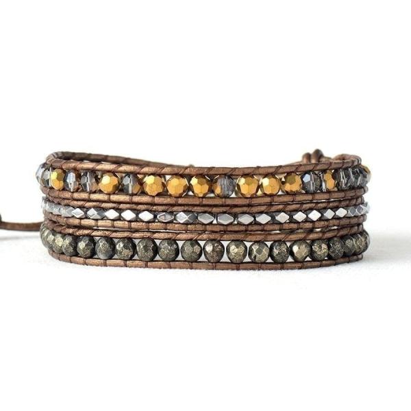 Wickelarmband mit Pyrit & Perlen – Braun und Bronze