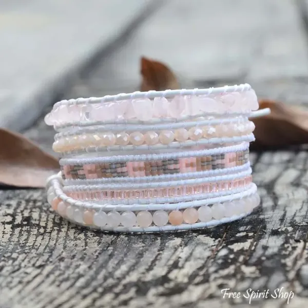 Wickelarmband mit Rosenquarz & Aventurin – Weiß und Rosa