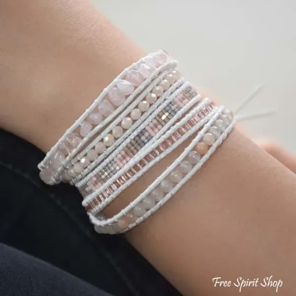 Wickelarmband mit Rosenquarz & Aventurin – Weiß und Rosa
