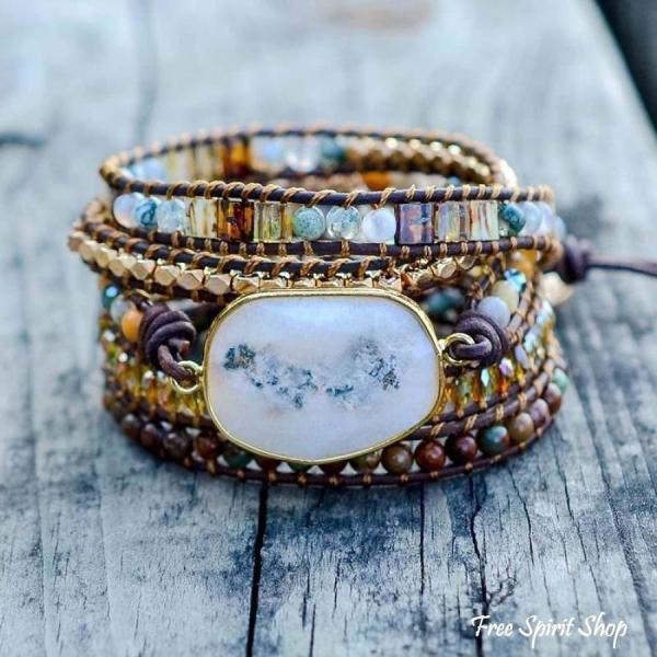 Wickelarmband aus natürlichem Achat mit Mondlicht-Achat und Jaspis im Boho-Design