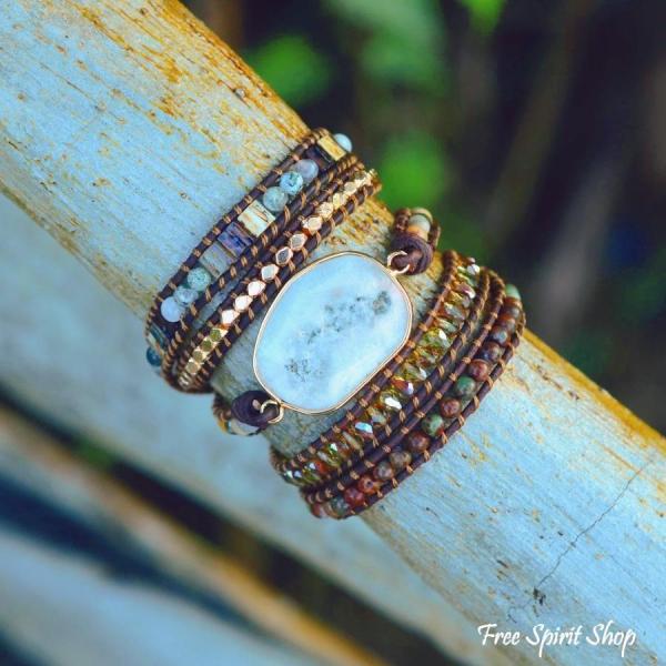 Wickelarmband aus natürlichem Achat mit Mondlicht-Achat und Jaspis im Boho-Design