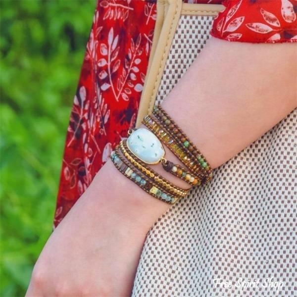 Wickelarmband aus natürlichem Achat mit Mondlicht-Achat und Jaspis im Boho-Design