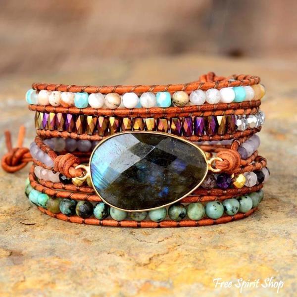 Natürliches Labradorit-Wickelarmband mit afrikanischem Türkis und Achat