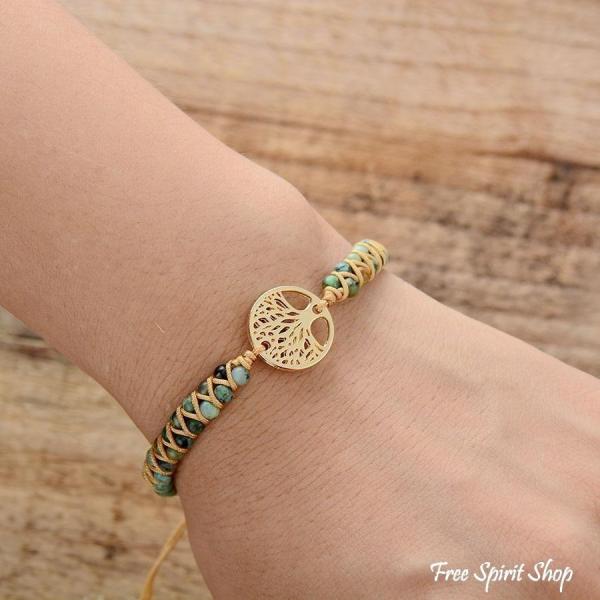 Baum des Lebens Armband mit Natursteinperlen – Edelstahl goldfarben verstellbar, vegan