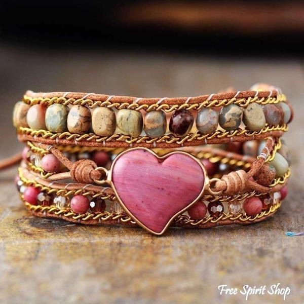Wickelarmband in Herzform mit Rhodonit und Jaspis, Boho-Perlenband