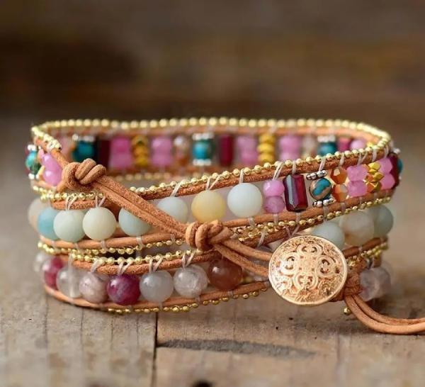 Wickelarmband mit Rosenquarz-Herz & Amazonit aus Leder – 3-lagig
