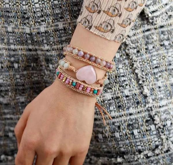 Wickelarmband mit Rosenquarz-Herz & Amazonit aus Leder – 3-lagig