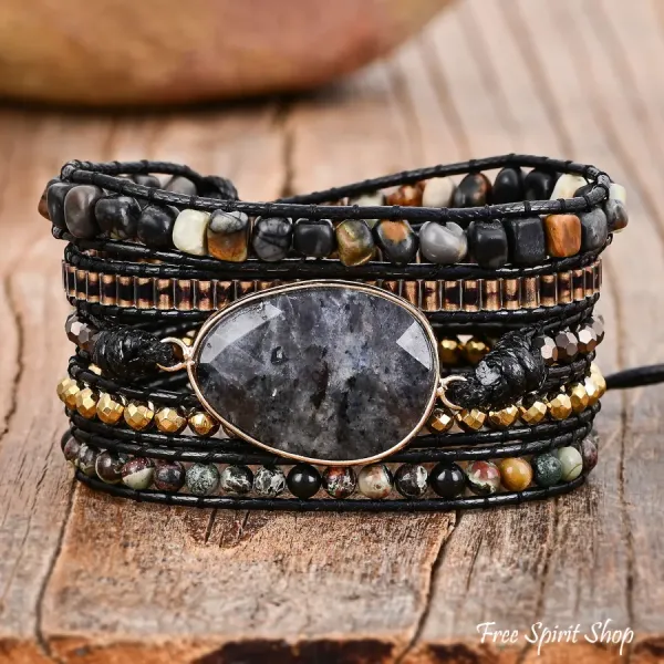 Natürlicher schwarzer Labradorit & Picasso-Jaspis Perlen-Wickelarmband