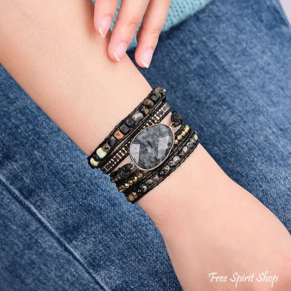 Natürlicher schwarzer Labradorit & Picasso-Jaspis Perlen-Wickelarmband