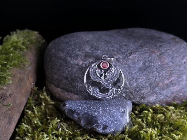 Phönix Anhänger aus 925 Sterlingsilber mit rotem Zierstein