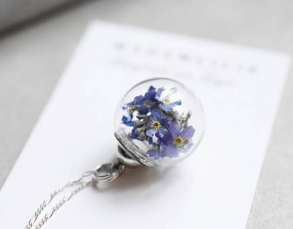 925 Silber Kette mit echten Vergissmeinnicht-Blüten – 50 cm – Handgefertigter Blütenanhänger