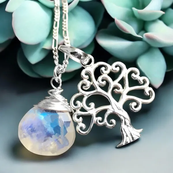 925 Silber Lebensbaum Kette mit Mondstein – Baum des Lebens Anhänger – 60 cm