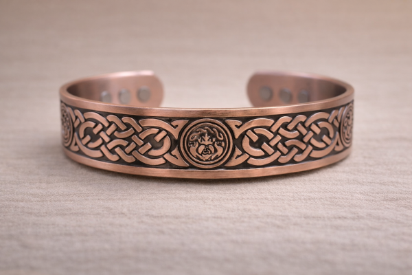 Kupferarmband Keltisches Knotenband mit Sonnenmedaillon – Verstellbar | 15 mm Breit | 46 g | 6 Magnete