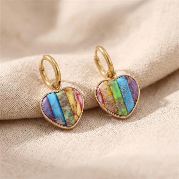 Jaspis Herz Creolen – Goldfarbene Edelstahl Ohrringe 7 Chakren, Regenbogen
