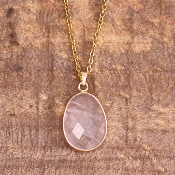 Rosenquarz Tropfen Kette – Edelstahl goldfarben