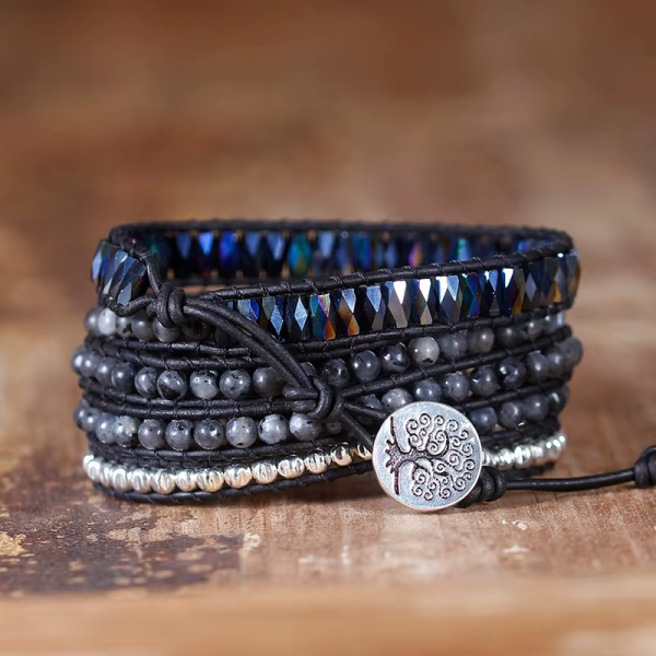 Onyx Wickelarmband mit Natursteinen – Lederarmband verstellbar