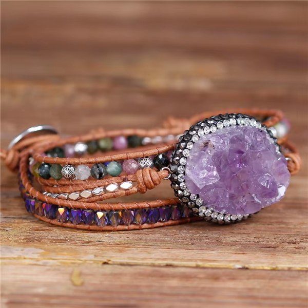 Wickelarmband mit Amethyst & Turmalin – Lederarmband mit Natursteinen
