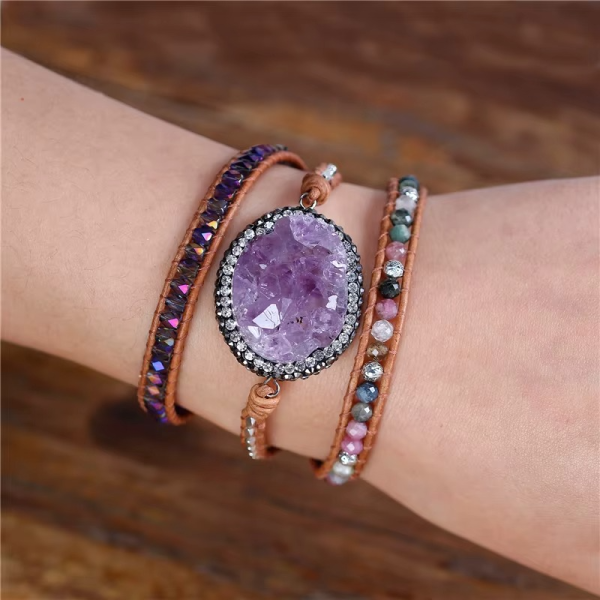 Wickelarmband mit Amethyst & Turmalin – Lederarmband mit Natursteinen