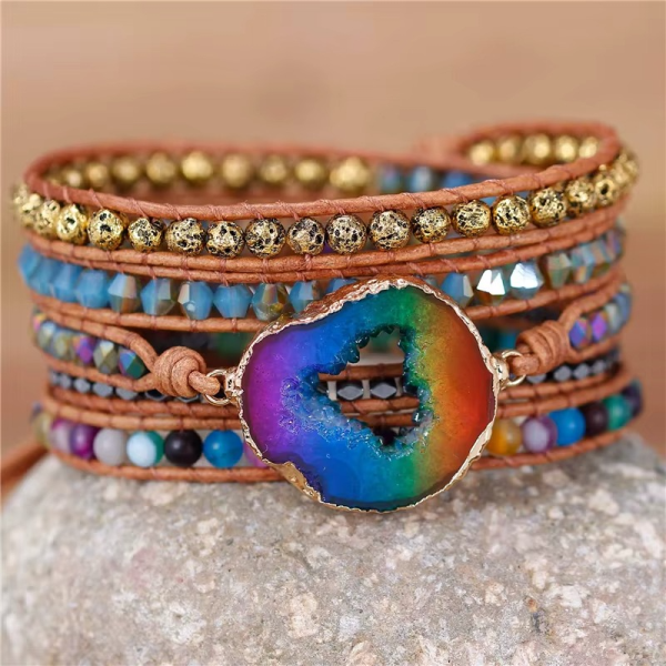 Wickelarmband mit Imperial Jaspis in Blau & Orange – Naturstein Lederarmband