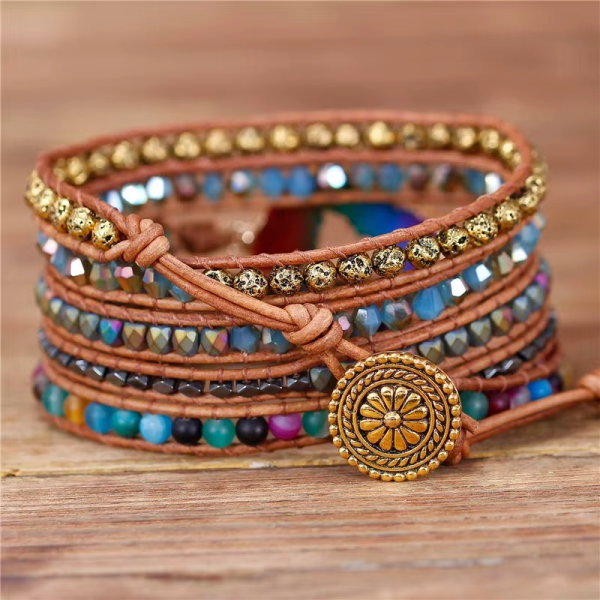 Wickelarmband mit Imperial Jaspis in Blau & Orange – Naturstein Lederarmband