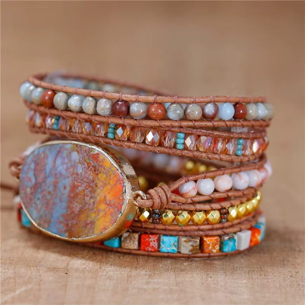 Wickelarmband mit Imperial Jaspis in Blau & Orange – Naturstein Lederarmband