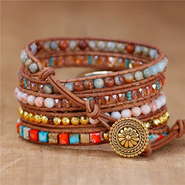 Wickelarmband mit Imperial Jaspis in Blau & Orange – Naturstein Lederarmband