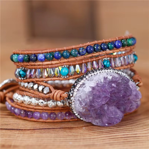 Wickelarmband mit Roh-Amethyst Druse – Lederarmband mit Naturstein