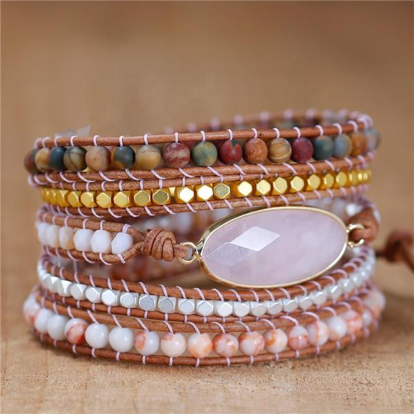 5-lagiges Rosenquarz-Wickelarmband mit Natursteinen