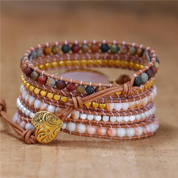 5-lagiges Rosenquarz-Wickelarmband mit Natursteinen
