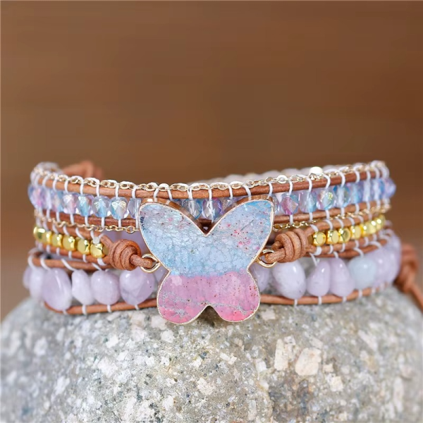 Wickelarmband mit Schmetterling – Rosenquarz & Jaspis im Boho Stil