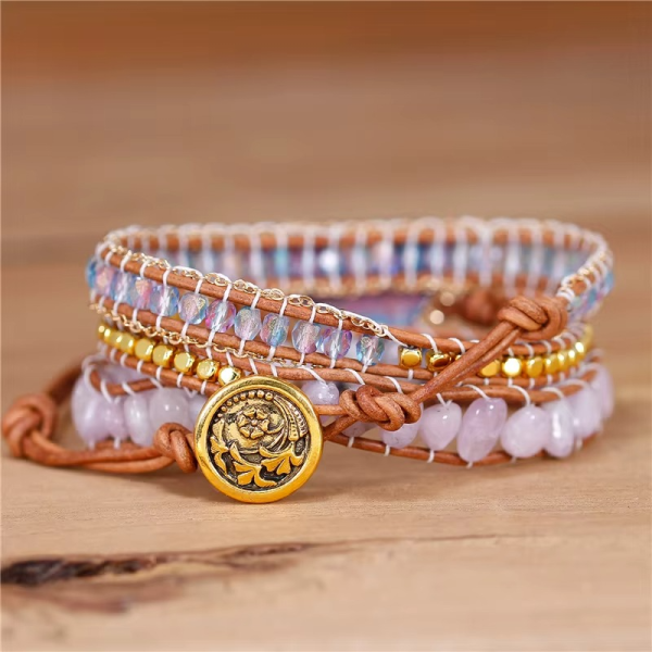 Wickelarmband mit Schmetterling – Rosenquarz & Jaspis im Boho Stil