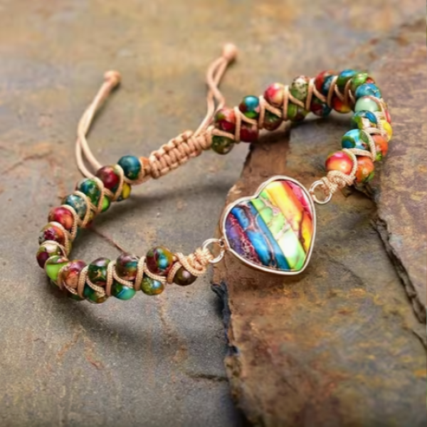 Veganes 7-Chakren Naturstein-Armband mit Herz – handgefertigt